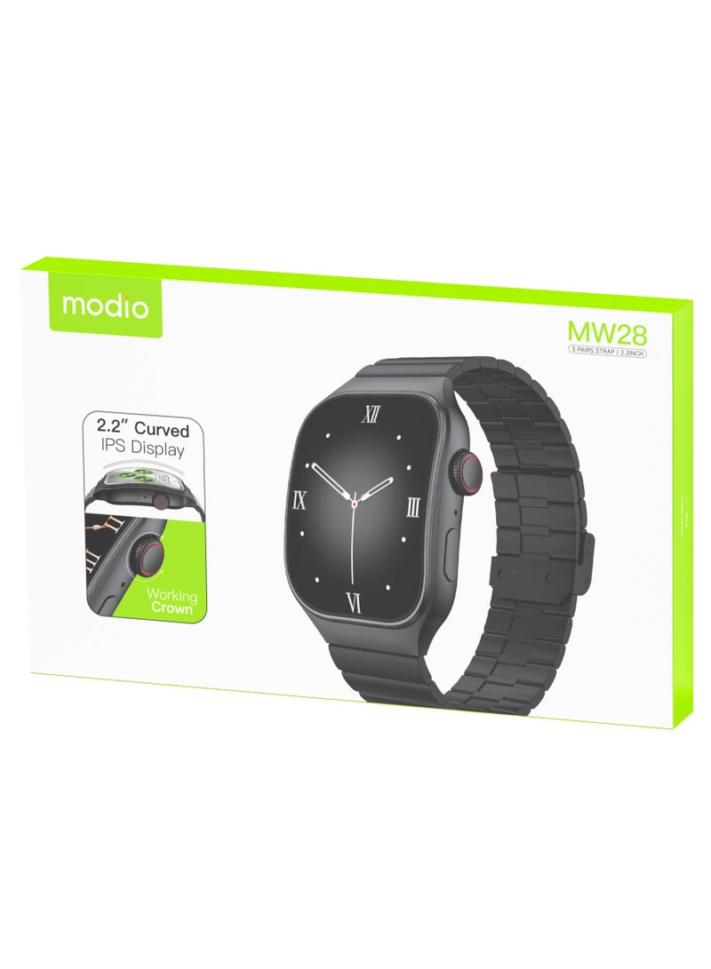 Modio MW28 Smartwatch with 2.2 Inch Curved IPS Display 3 Interchangeable Straps and Charging Cable Designed for Ladies and Gents Black - Image 5